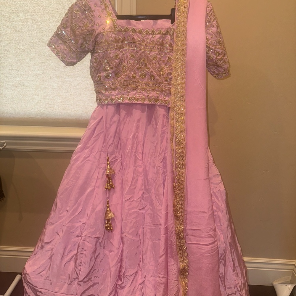 Embroidered Pink Lehenga Set with Gold Accents